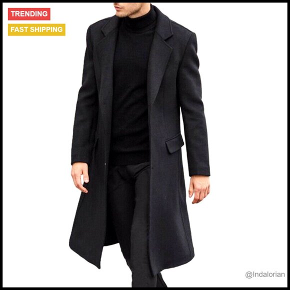Slim Fit Trench Coat Notched Collar Long Overcoat Single Breasted Pea Coat
